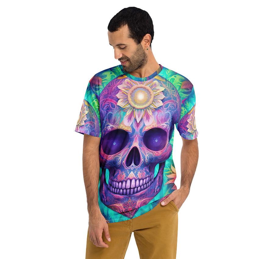 Bright Vibrant Sugar Skull Day Of The Dead All Over Print T-Shirt